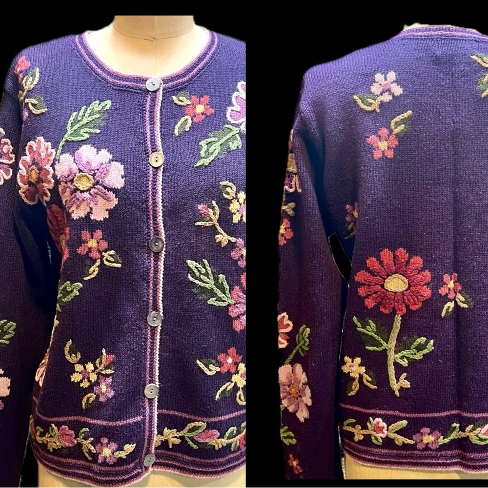 VINTAGE wildflower field knit cardigan sweater ivy vines daisy plum purple 90s
